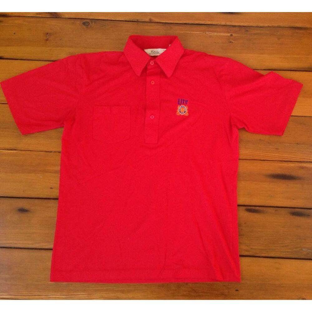 Vintage Style Miller Light Embroidered Logo Polo Cotton Blend Red Shirt M-L 45"